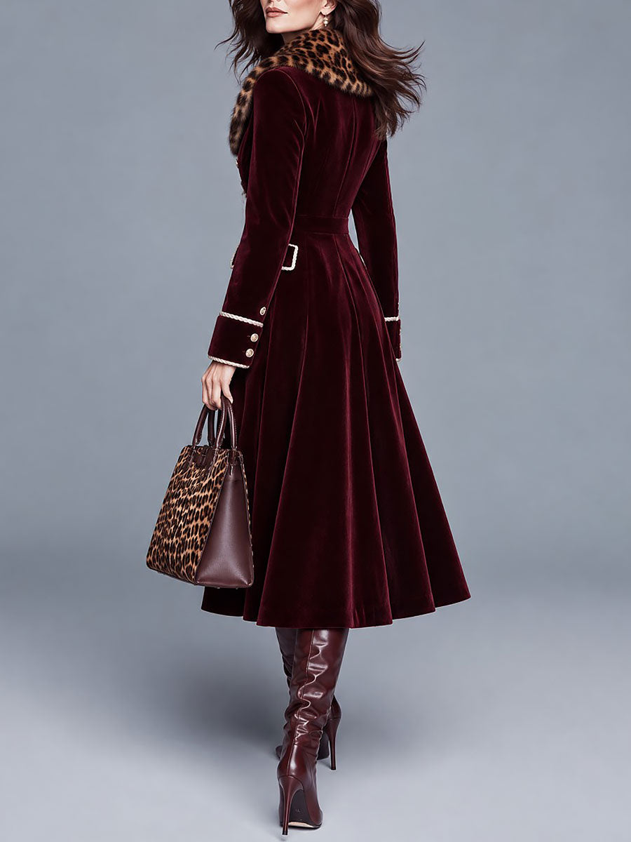 Retro Velvet Double-Breasted Midi Coat With Leopard Faux Fur Collar
