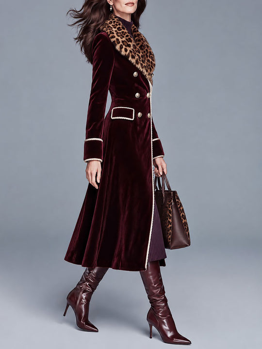 Retro Velvet Double-Breasted Midi Coat With Leopard Faux Fur Collar