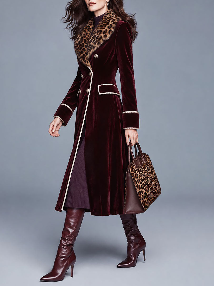 Retro Velvet Double-Breasted Midi Coat With Leopard Faux Fur Collar