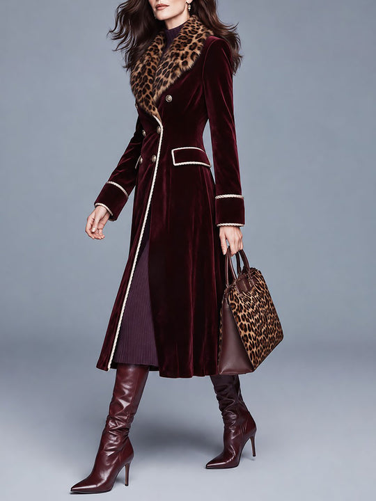 Retro Velvet Double-Breasted Midi Coat With Leopard Faux Fur Collar