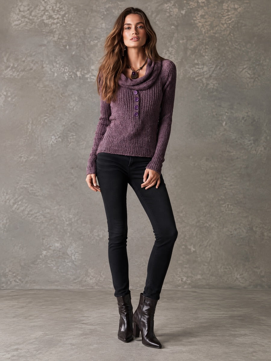 Boho Vintage Cowl Neck Pullover Heather Purple Knit Sweater