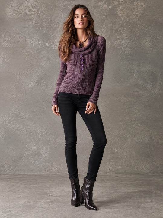 Boho Vintage Cowl Neck Pullover Heather Purple Knit Sweater