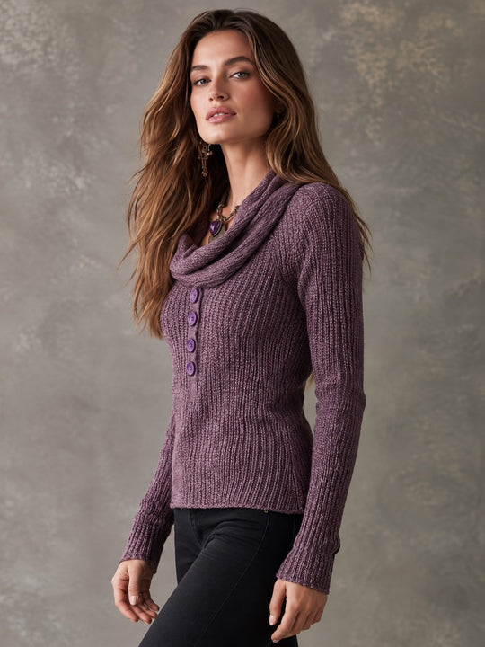 Boho Vintage Cowl Neck Pullover Heather Purple Knit Sweater