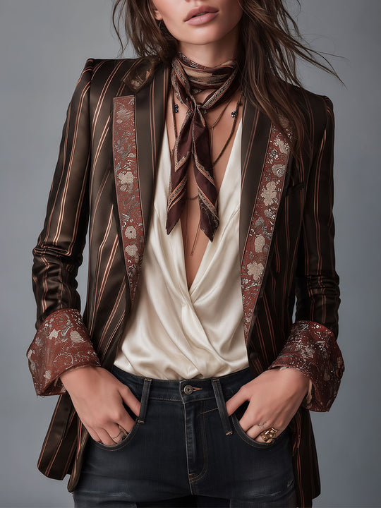 Retro Striped Satin Blazer with Floral Brocade Trim