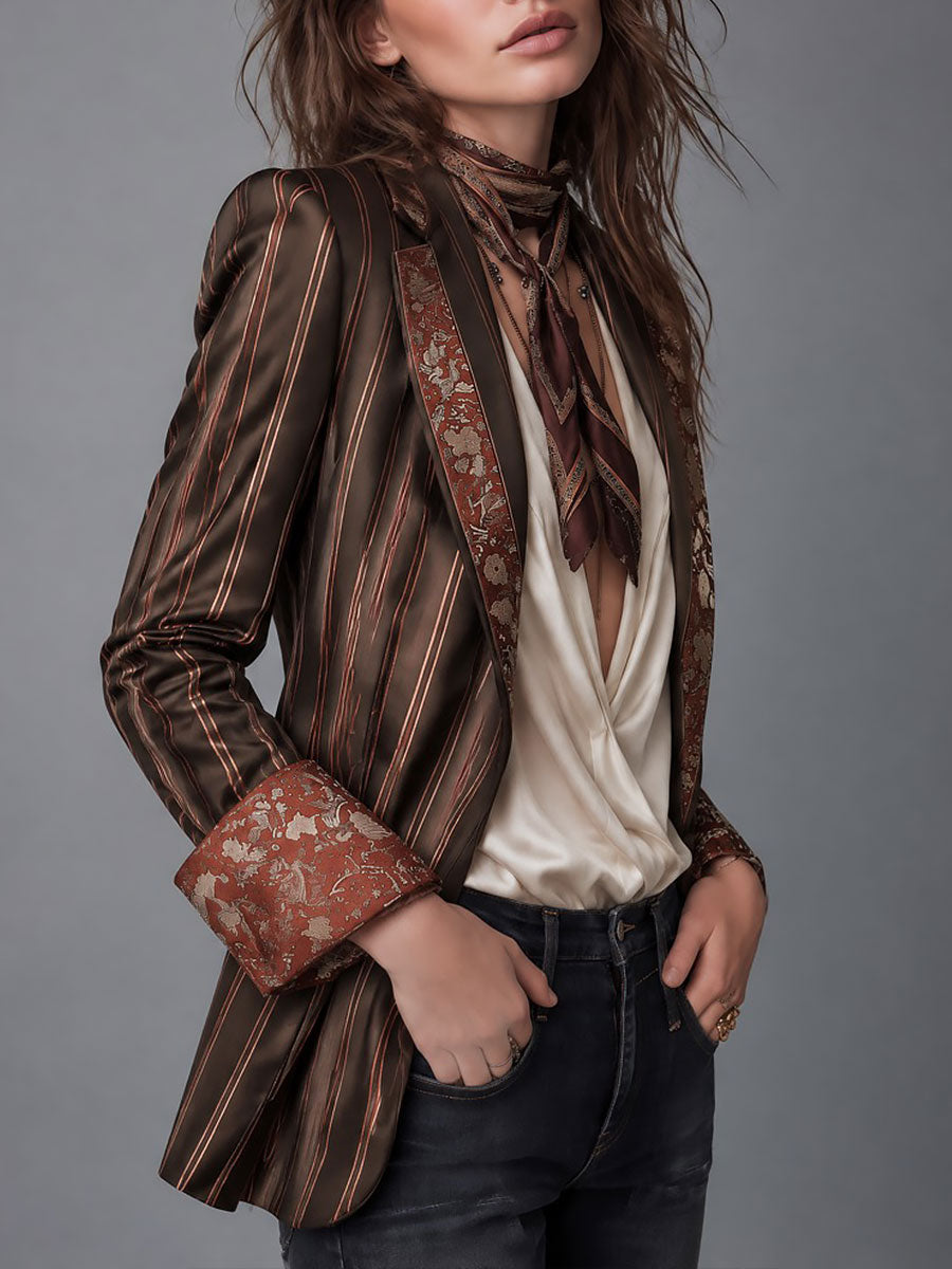 Retro Striped Satin Blazer with Floral Brocade Trim