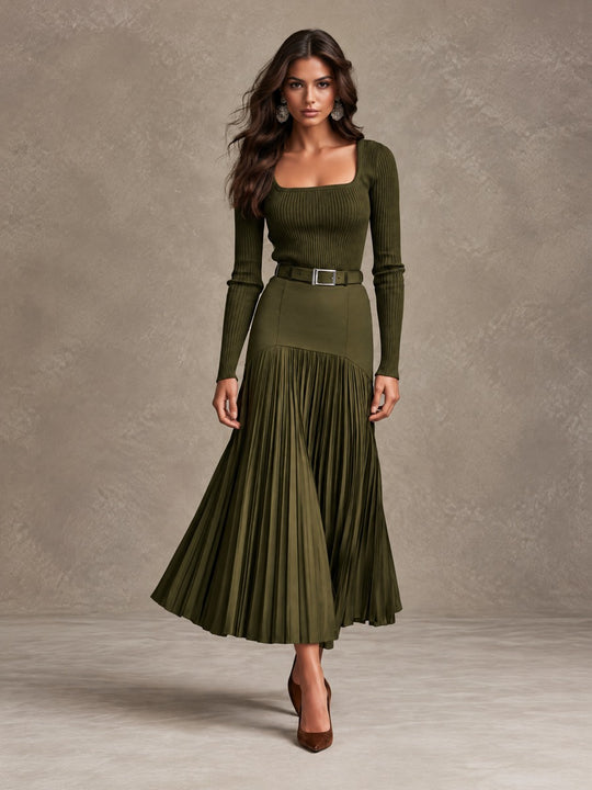 Quiet Luxury Olive Knit Maxi Dress With High Waist Pleated Skirt