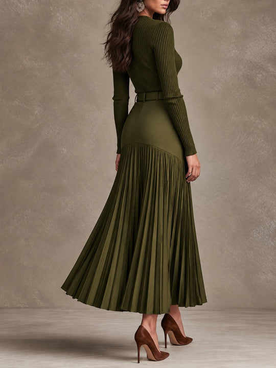 Quiet Luxury Olive Knit Maxi Dress With High Waist Pleated Skirt