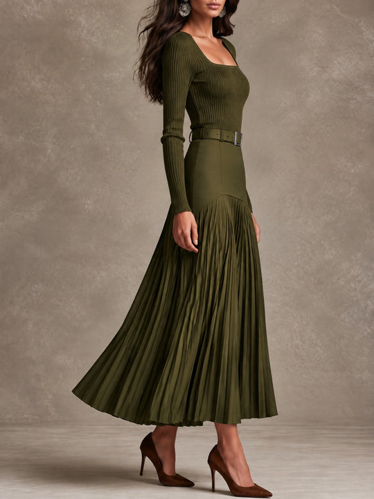 Quiet Luxury Olive Knit Maxi Dress With High Waist Pleated Skirt