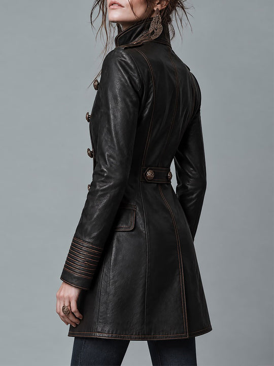 Women's Military Style Double-Breasted Leather Coat with Contrast Stitching