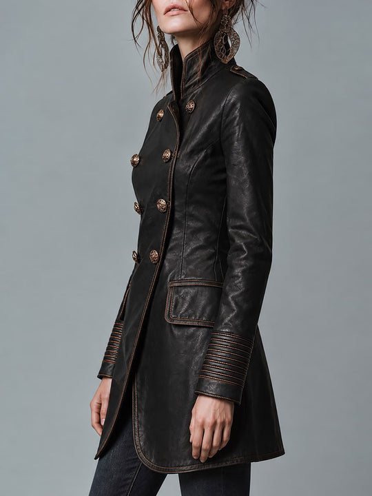 Women's Military Style Double-Breasted Leather Coat with Contrast Stitching