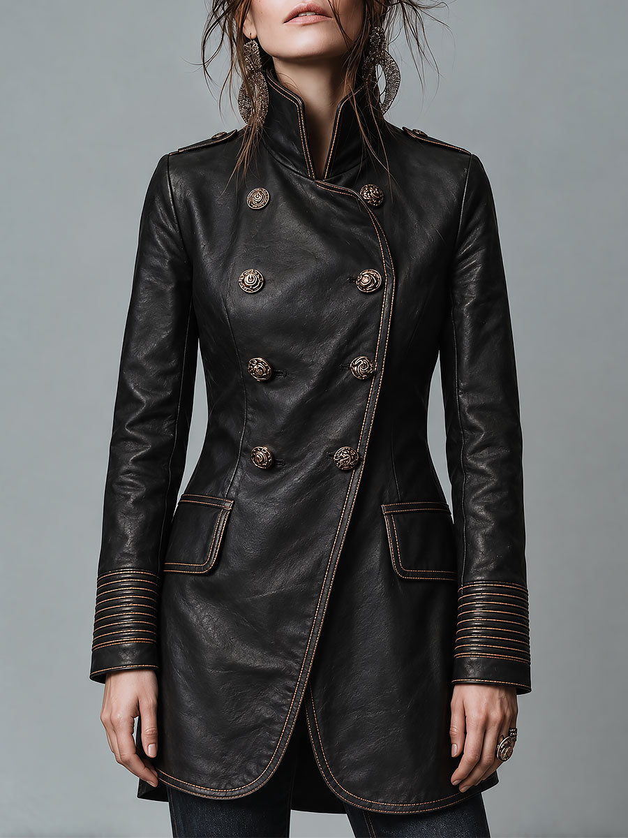 Women's Military Style Double-Breasted Leather Coat with Contrast Stitching