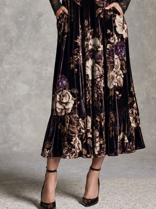 Vintage Oil Painting Flower Velvet Halter Neck Maxi Dress With Black Lace Sleeve