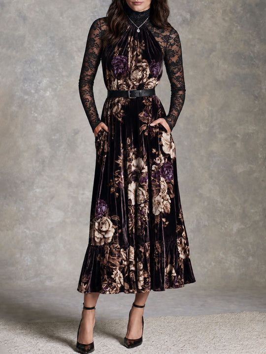 Vintage Oil Painting Flower Velvet Halter Neck Maxi Dress With Black Lace Sleeve