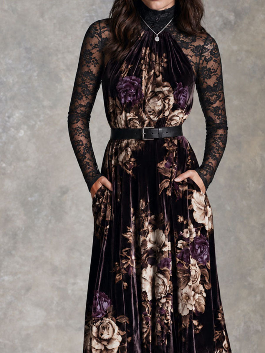 Vintage Oil Painting Flower Velvet Halter Neck Maxi Dress With Black Lace Sleeve