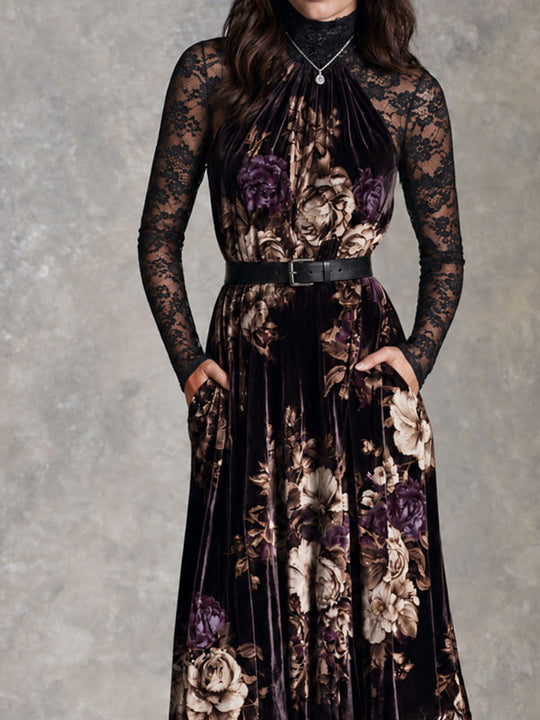 Vintage Oil Painting Flower Velvet Halter Neck Maxi Dress With Black Lace Sleeve