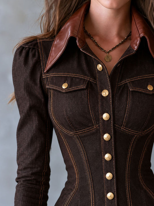 70s Retro Western Denim Hourglass Shirt Jacket With Faux Leather Cuff And Lapel