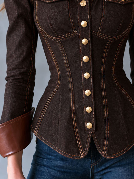 70s Retro Western Denim Hourglass Shirt Jacket With Faux Leather Cuff And Lapel