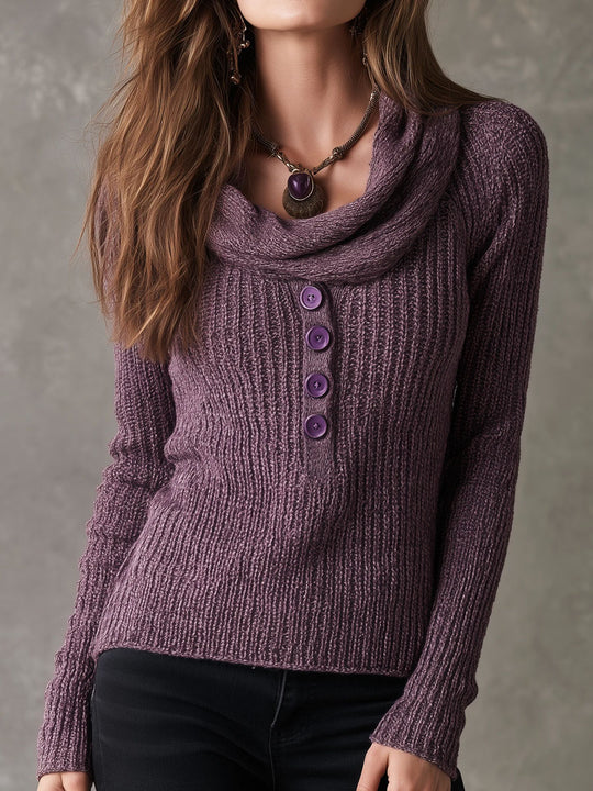 Boho Vintage Cowl Neck Pullover Heather Purple Knit Sweater