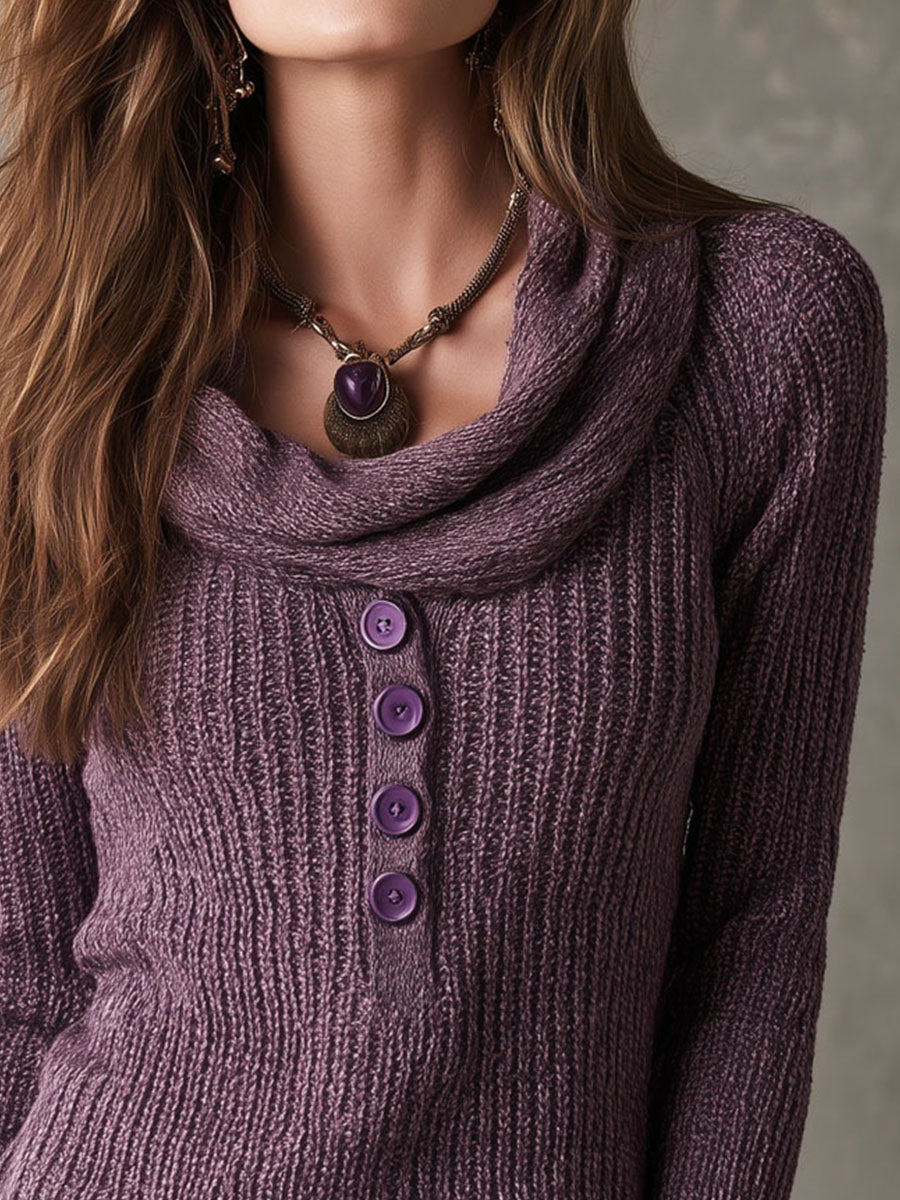 Boho Vintage Cowl Neck Pullover Heather Purple Knit Sweater