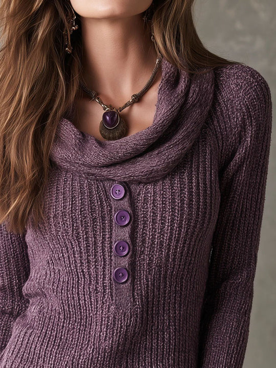 Boho Vintage Cowl Neck Pullover Heather Purple Knit Sweater