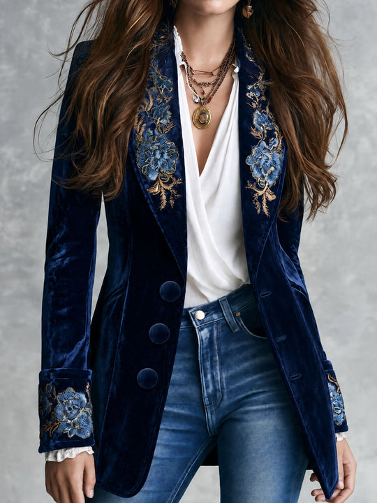 Retro Navy Velvet Blue Gold Floral Embroidery Blazer