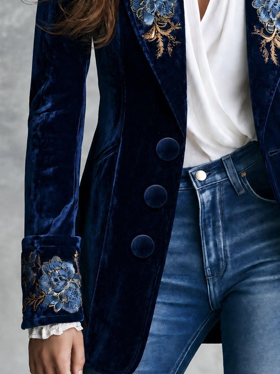 Retro Navy Velvet Blue Gold Floral Embroidery Blazer