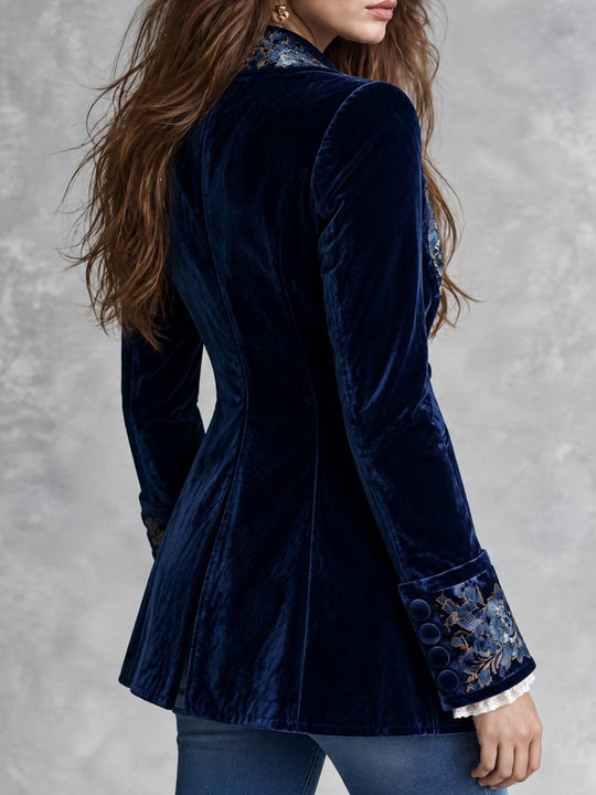 Retro Navy Velvet Blue Gold Floral Embroidery Blazer