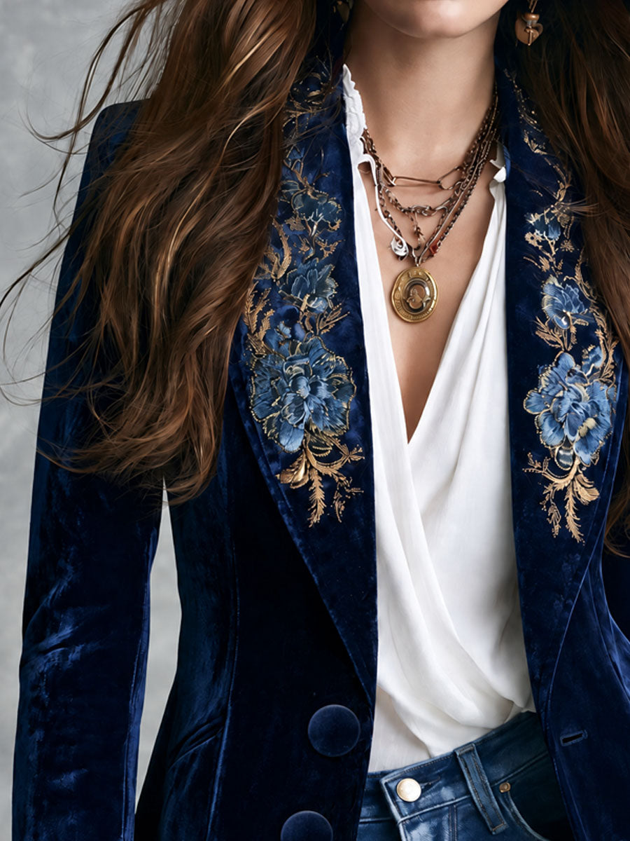 Retro Navy Velvet Blue Gold Floral Embroidery Blazer
