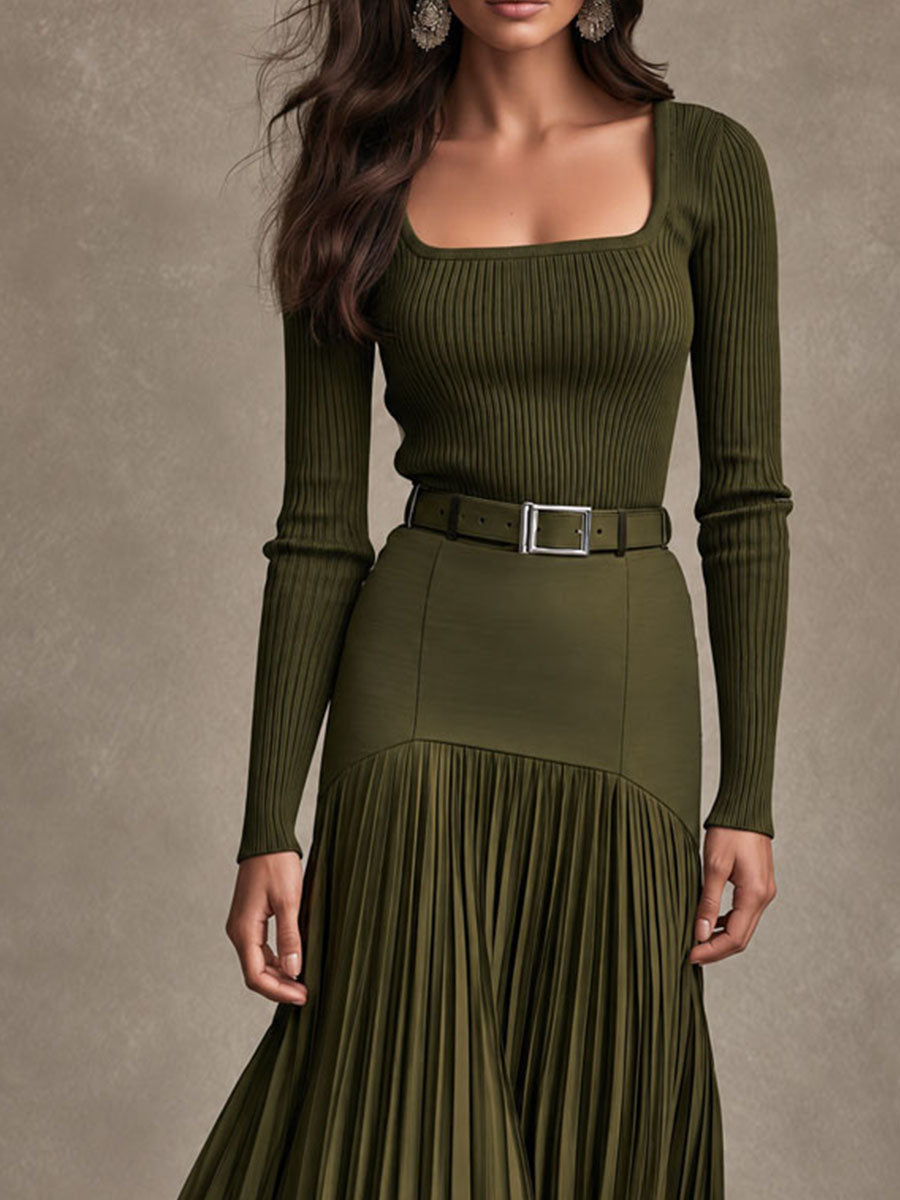 Quiet Luxury Olive Knit Maxi Dress With High Waist Pleated Skirt