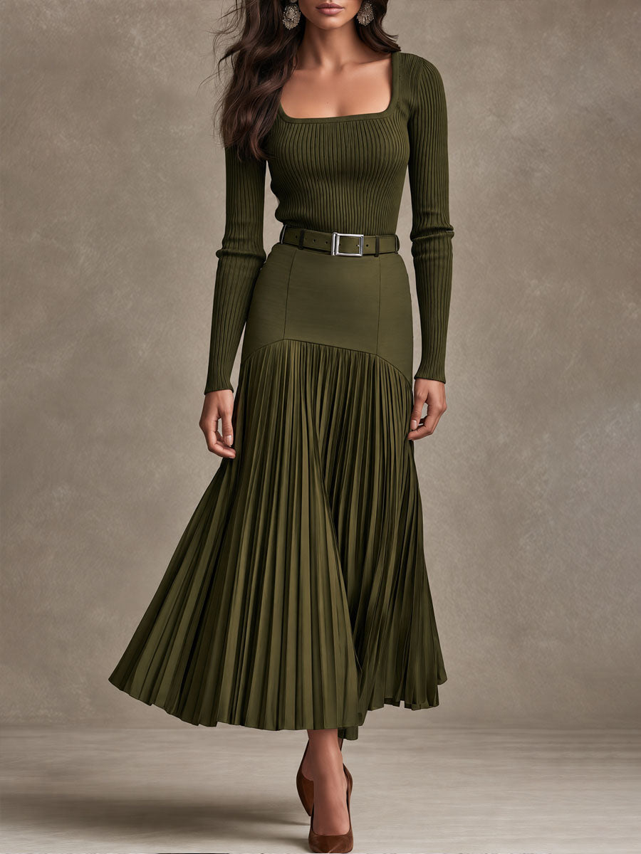 Quiet Luxury Olive Knit Maxi Dress With High Waist Pleated Skirt
