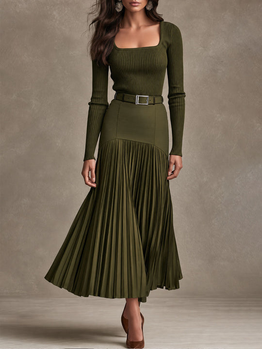 Quiet Luxury Olive Knit Maxi Dress With High Waist Pleated Skirt