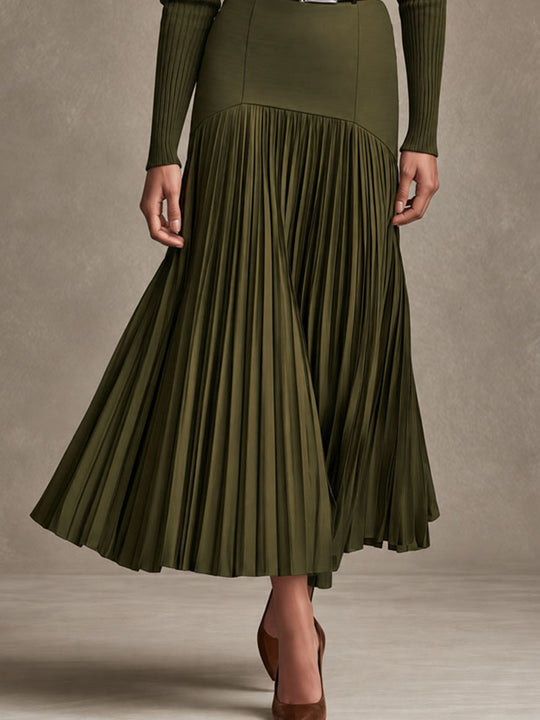 Quiet Luxury Olive Knit Maxi Dress With High Waist Pleated Skirt