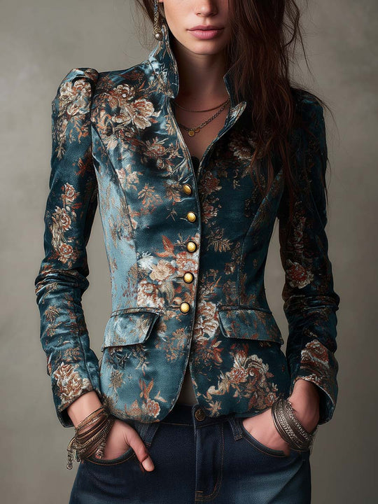 Vintage Floral Brocade Stand Collar Fitted Blazer Jacket