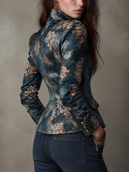 Vintage Floral Brocade Stand Collar Fitted Blazer Jacket