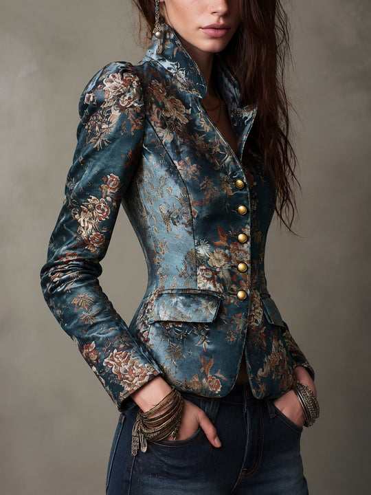 Vintage Floral Brocade Stand Collar Fitted Blazer Jacket