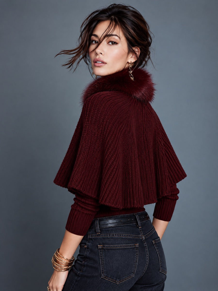 Two-piece Set Of Faux Fur Collar Batwing Sleeve Ribbed Knit Cape Cardigan With Rose Buttons