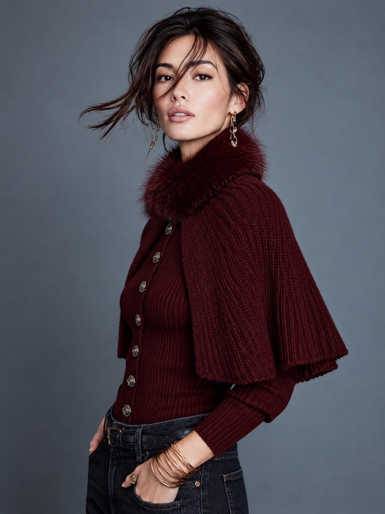 Two-piece Set Of Faux Fur Collar Batwing Sleeve Ribbed Knit Cape Cardigan With Rose Buttons