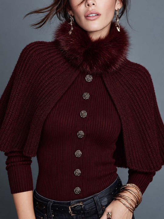 Two-piece Set Of Faux Fur Collar Batwing Sleeve Ribbed Knit Cape Cardigan With Rose Buttons
