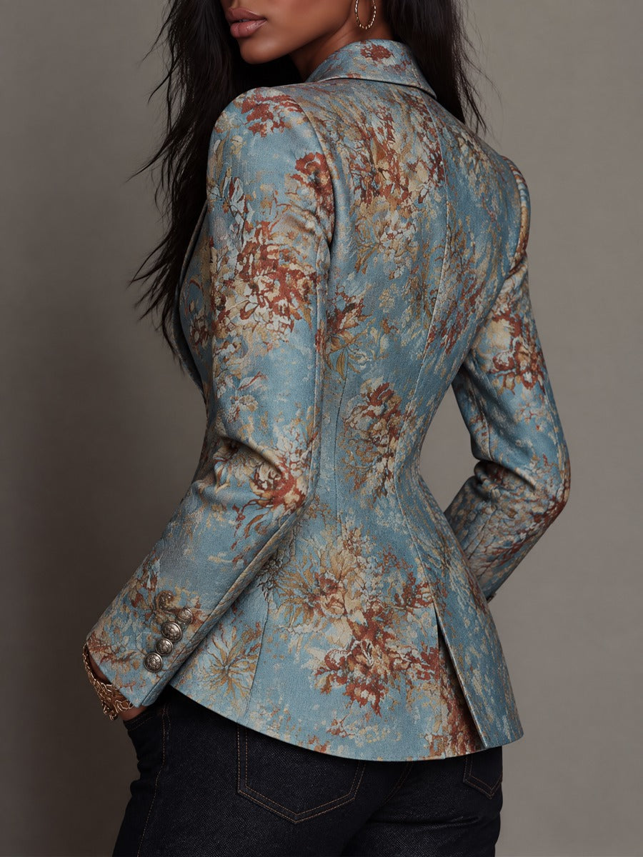 Vintage Cotton Floral Print Double-Breasted Tailored Blazer