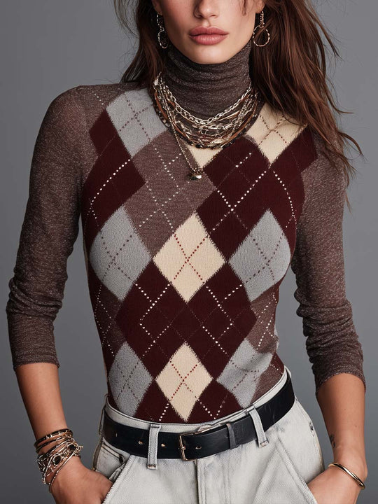 Classic Color-Block Argyle Knit Mock-Neck Top