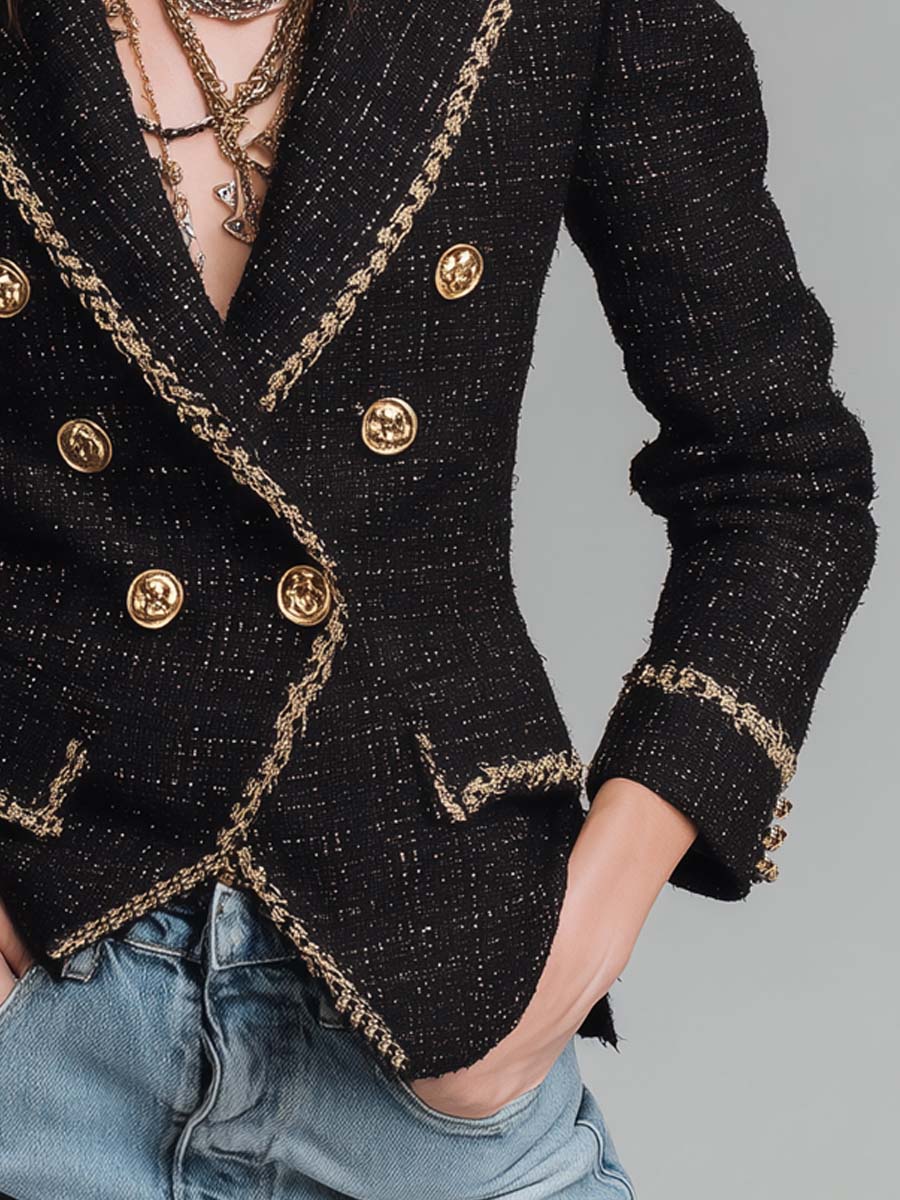 Gold-trimmed Tweed Double-breasted Blazer