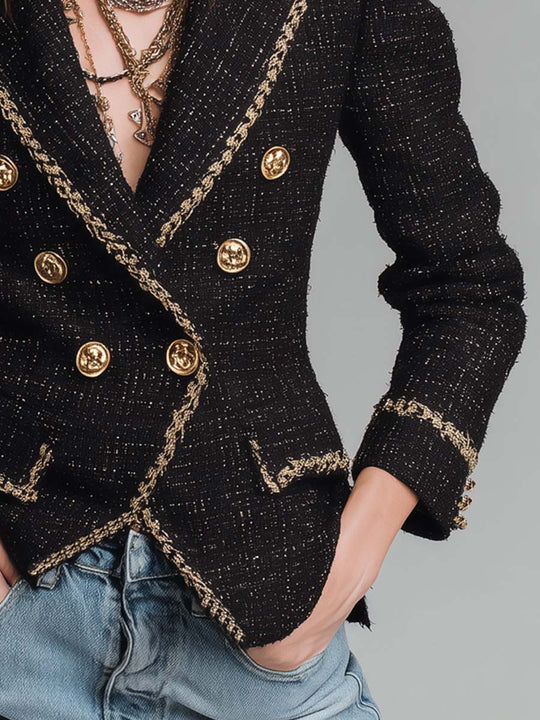 Gold-trimmed Tweed Double-breasted Blazer