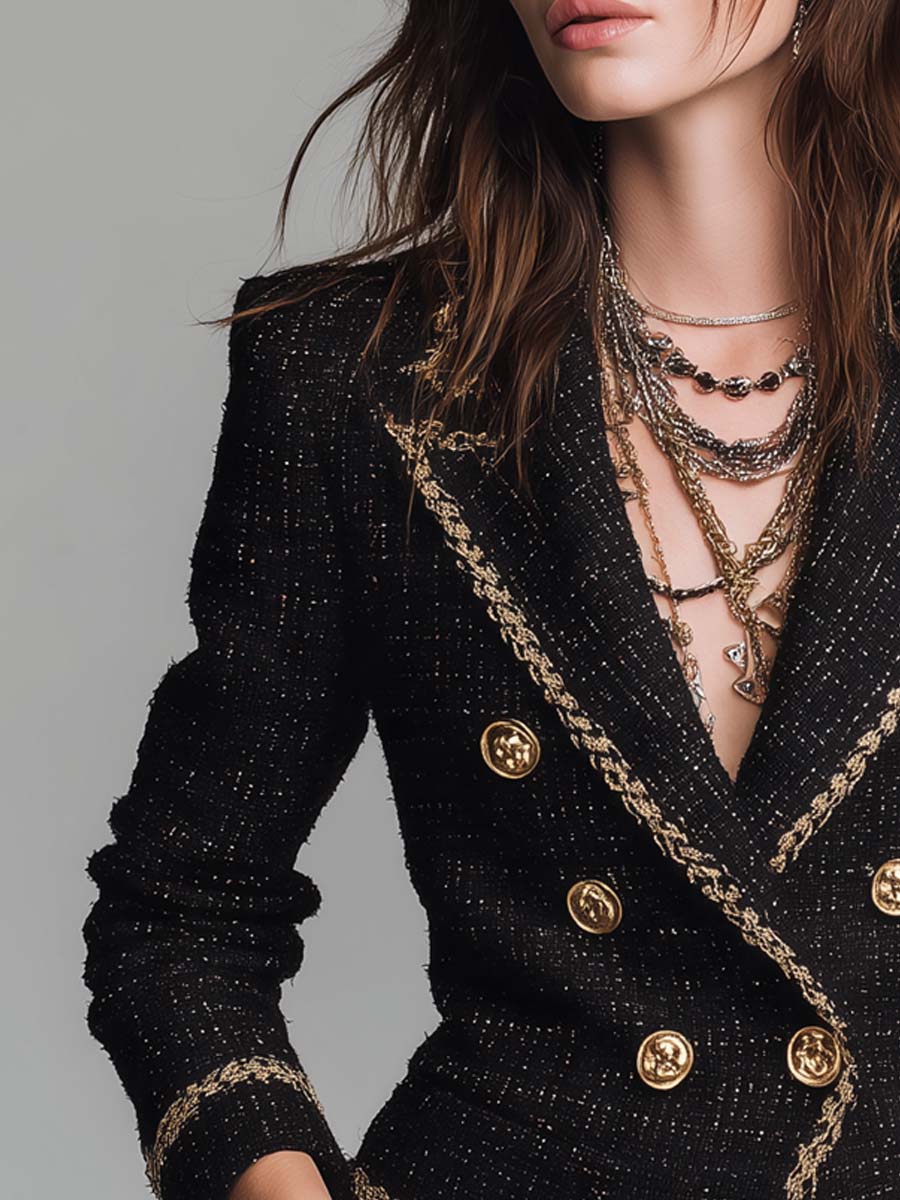 Gold-trimmed Tweed Double-breasted Blazer