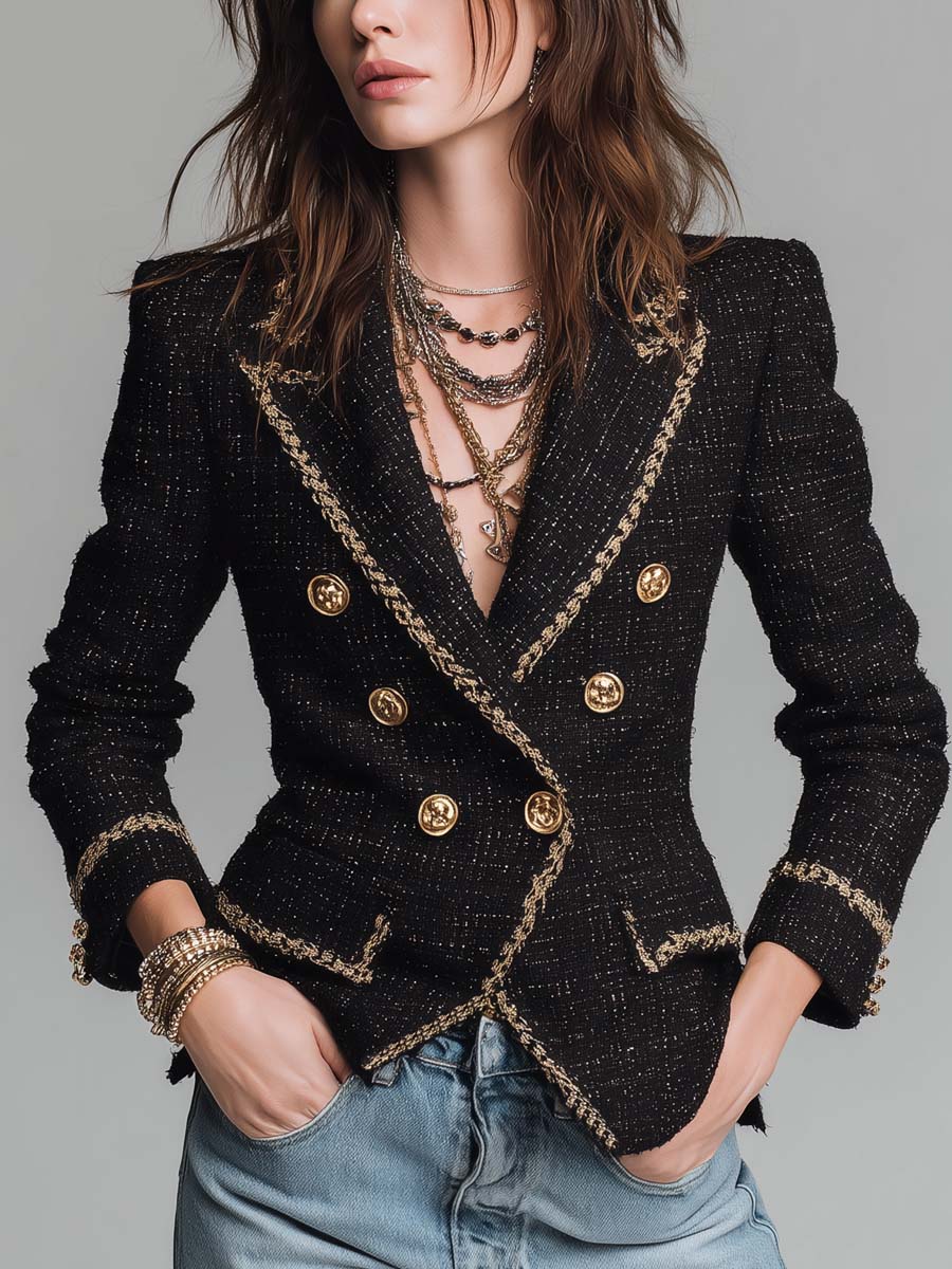 Gold-trimmed Tweed Double-breasted Blazer