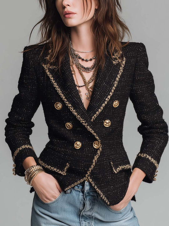 Gold-trimmed Tweed Double-breasted Blazer
