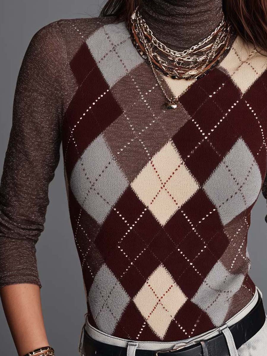 Classic Color-Block Argyle Knit Mock-Neck Top