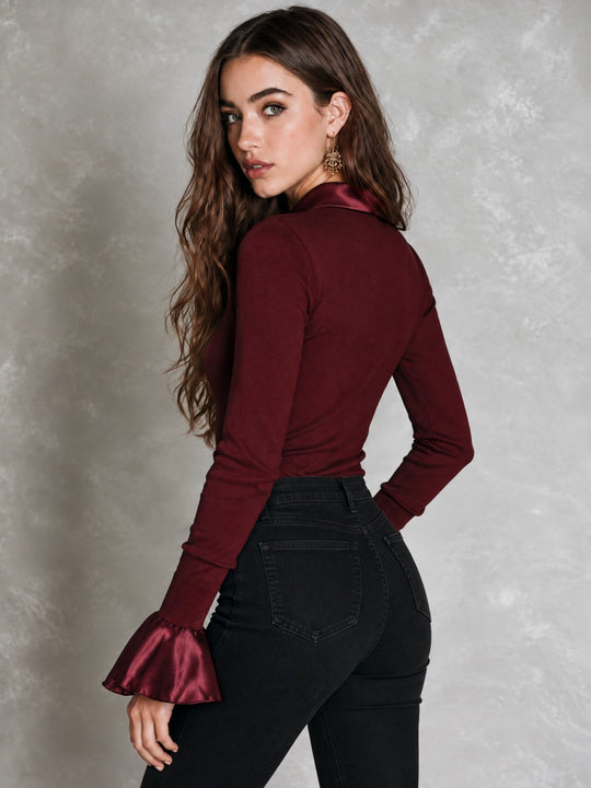 Vintage Burgundy Satin Collar Long Sleeve Ribbed Knit Bodysuit