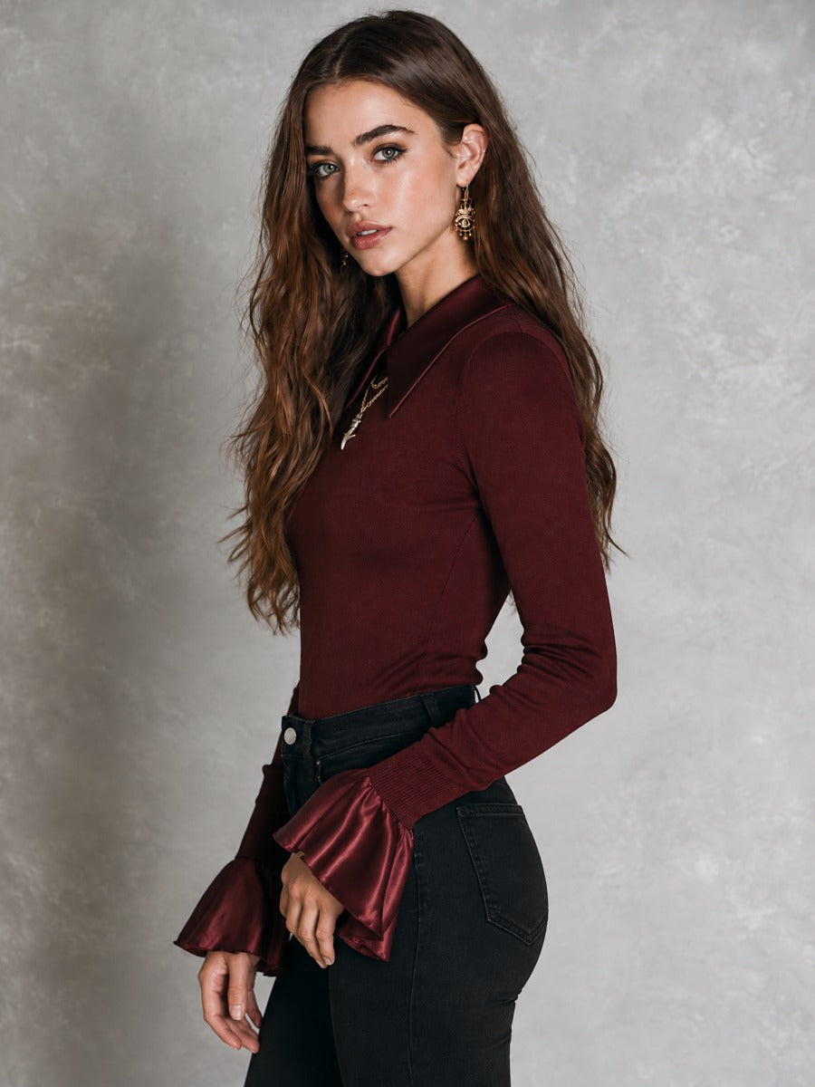 Vintage Burgundy Satin Collar Long Sleeve Ribbed Knit Bodysuit