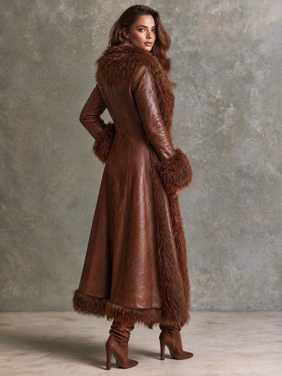 Retro Elegant Brown Furry Trim Distressed Faux Leather Maxi Coat