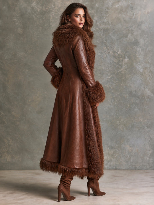 Retro Elegant Brown Furry Trim Distressed Faux Leather Maxi Coat